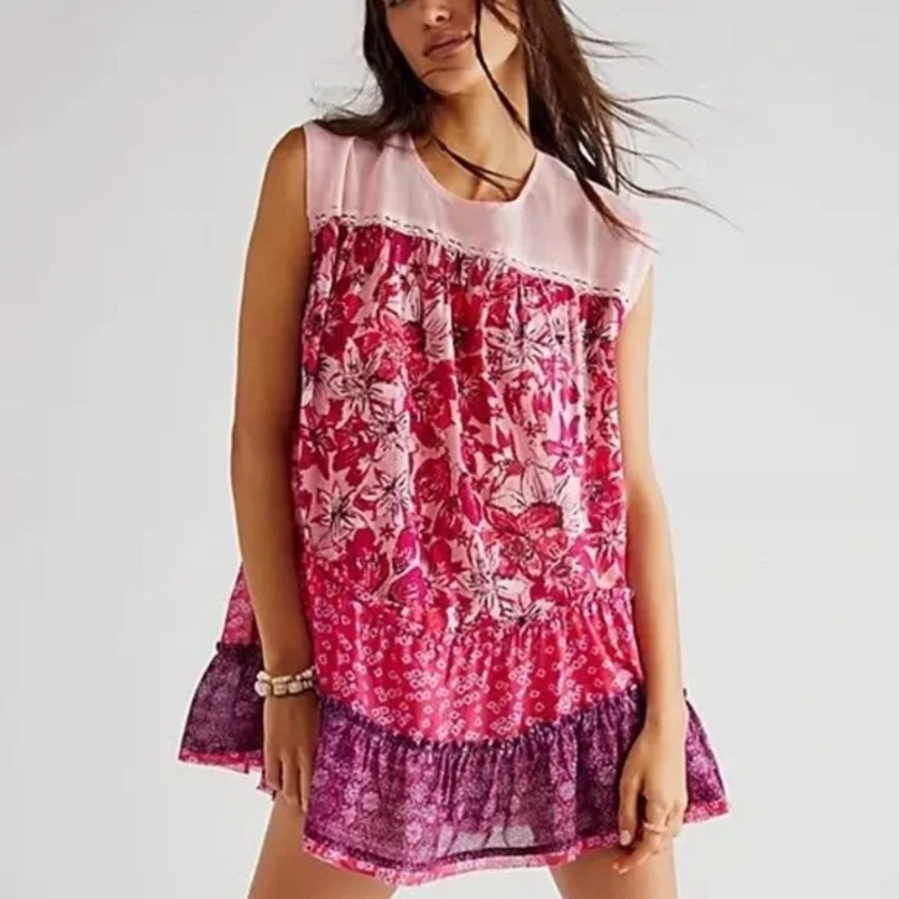 Free People Pink & Purple Angelica Floral Mesh Babydoll Dress